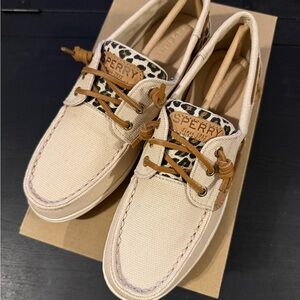 Sperry Cream Boat Shoes with Leopard Detail